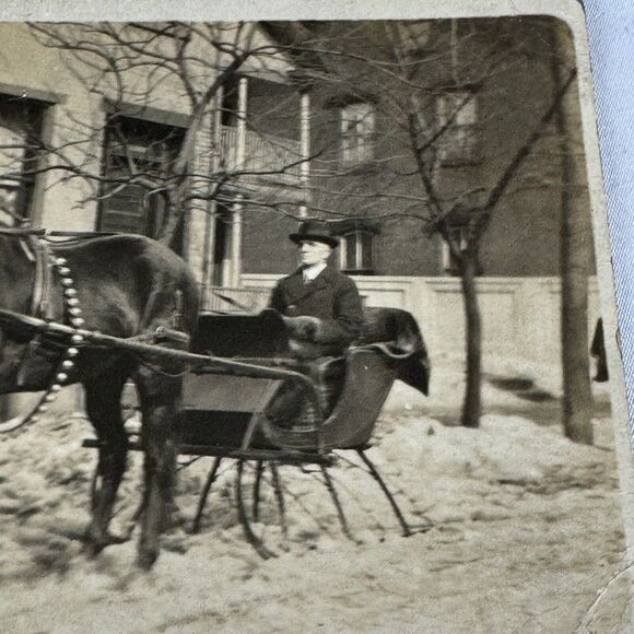 Horse Drawn Sleigh Real Photo Postcard RPPC Gentleman In Front Of House - Picture 3 of 6